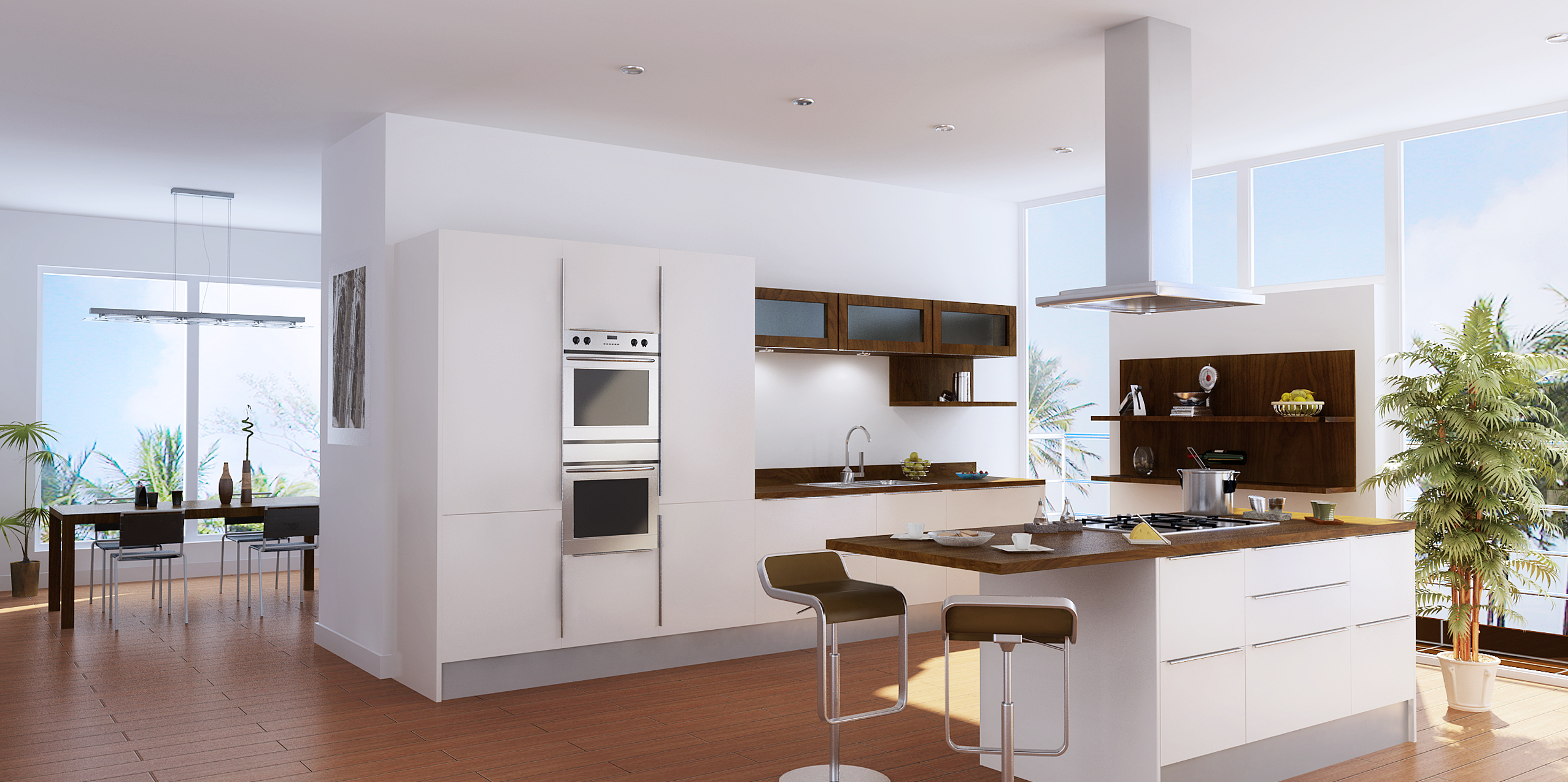 Modern kitchen featuring sleek white cabinetry, stainless steel appliances, and a wooden island. Large windows provide natural light and a view of greenery outside.