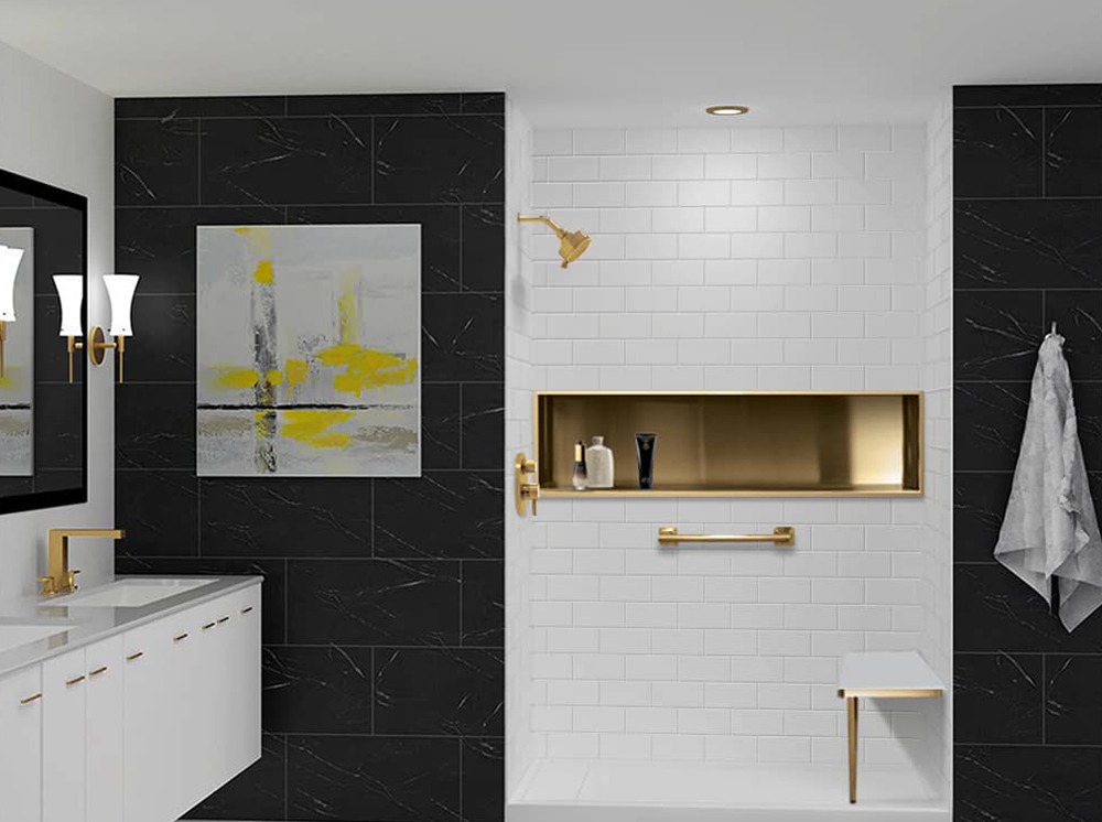 Modern bathroom featuring a sleek white shower with a gold accent shelf, a dark tiled wall, and artistic decor, highlighting contemporary design.