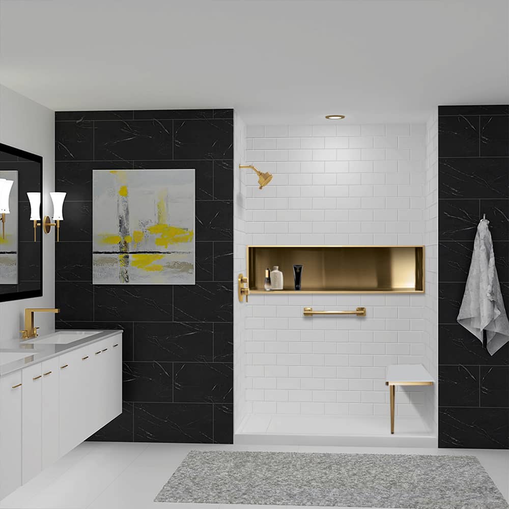Modern bathroom featuring a sleek white shower with a gold accent shelf, a dark tiled wall, and artistic decor, highlighting contemporary design.