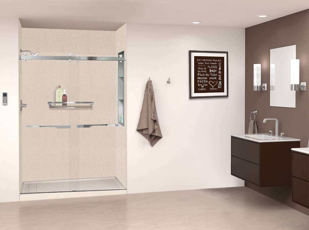 Modern bathroom featuring a glass shower enclosure, wall-mounted vanity, and framed bathroom rules. Clearly designed for functionality and style.