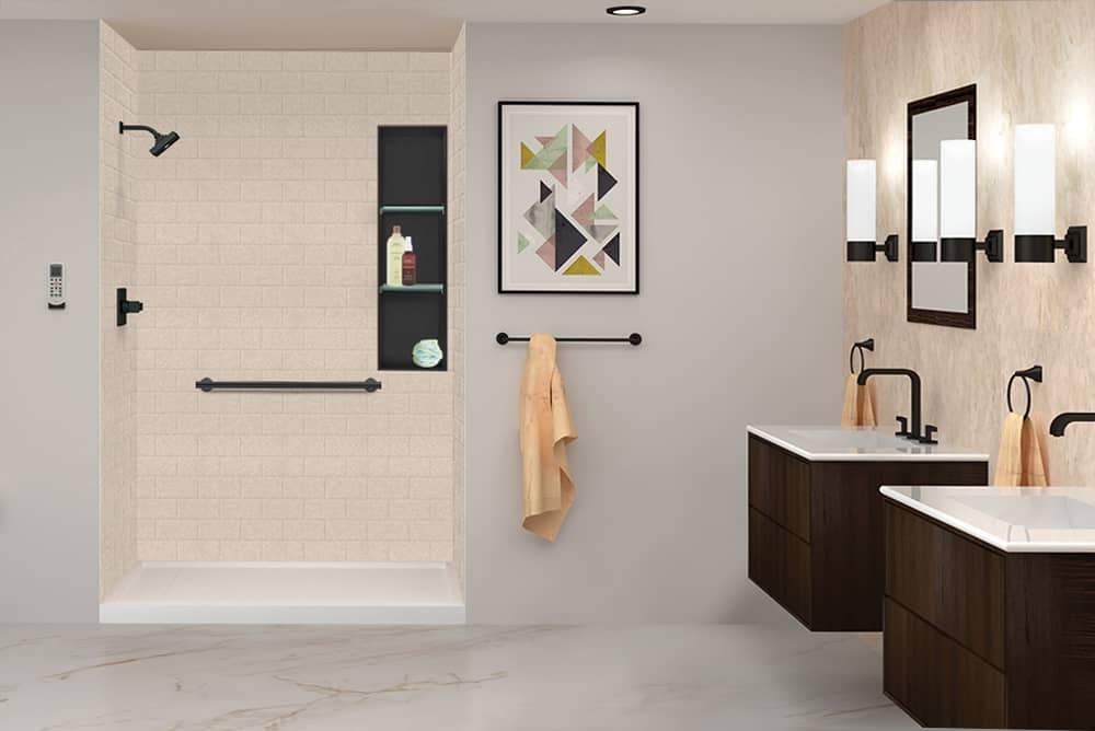 Modern bathroom featuring a tiled shower with built-in shelves, dual sinks, elegant lighting, and geometric artwork, emphasizing contemporary design.