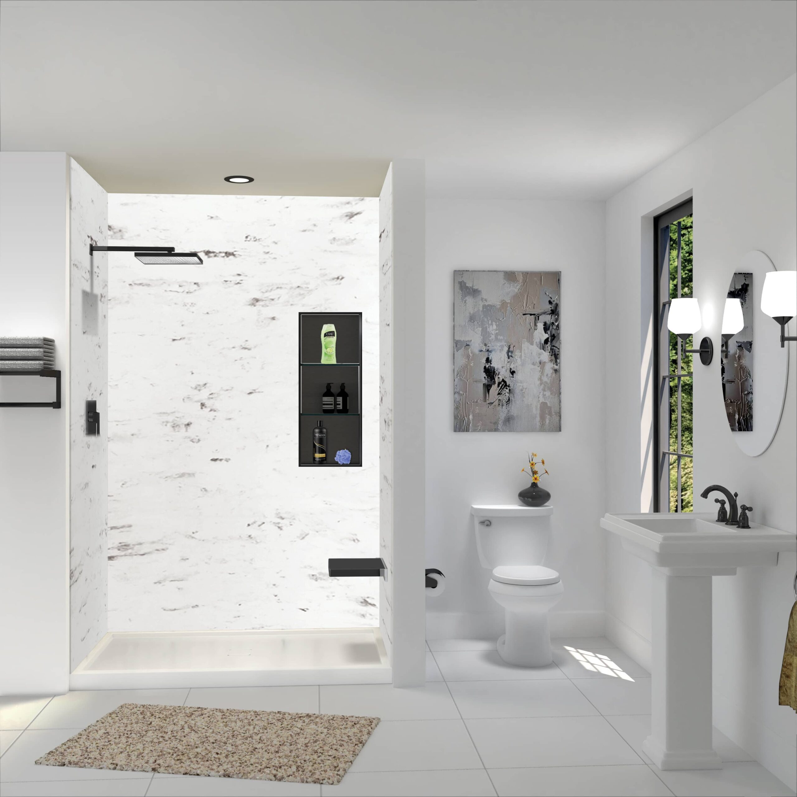 Modern bathroom featuring a walk-in shower with marble walls, a toilet, and a pedestal sink. Stylish decor includes a floral arrangement and wall art.