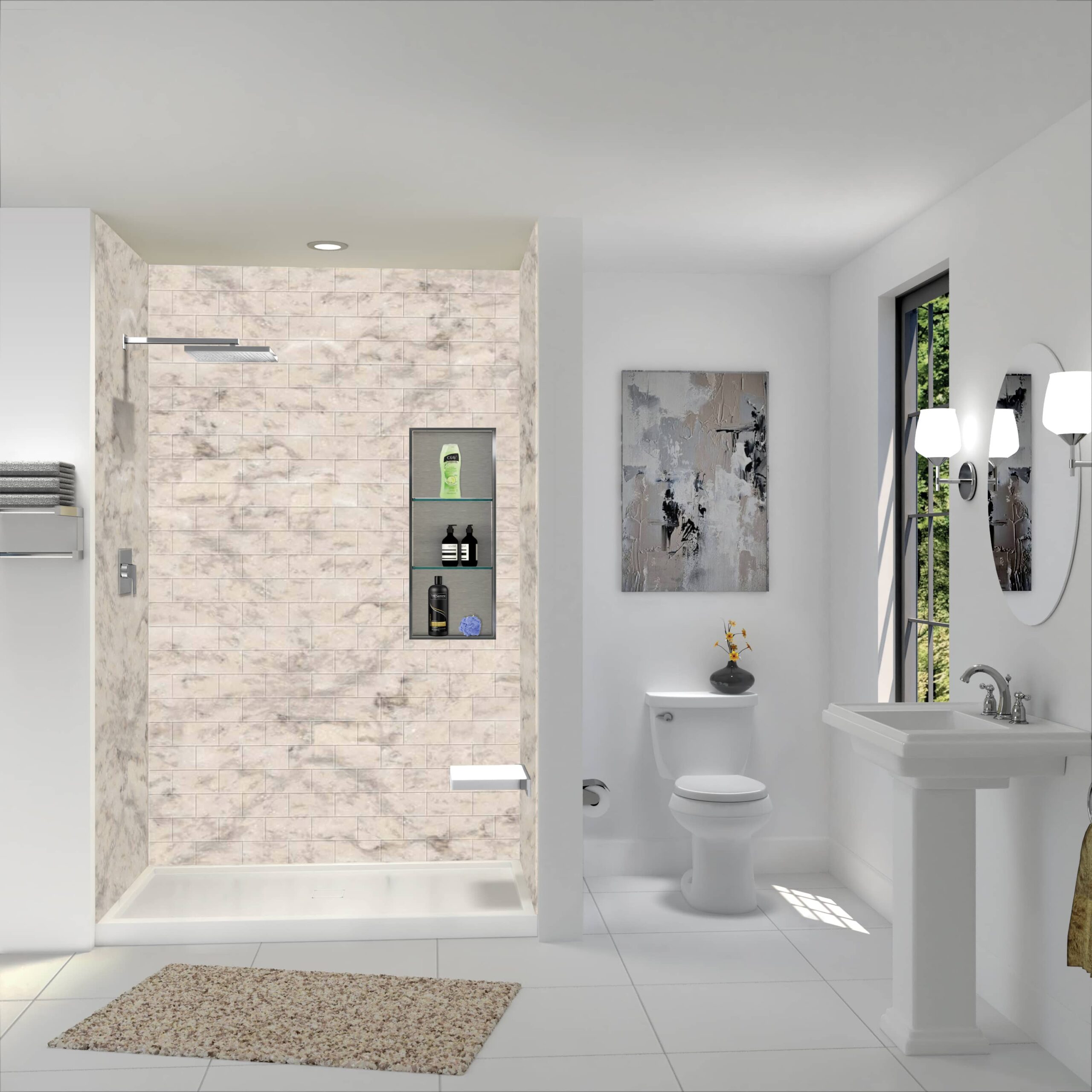 Modern bathroom featuring a marble shower with built-in shelving for toiletries, a classic pedestal sink, and contemporary wall art.